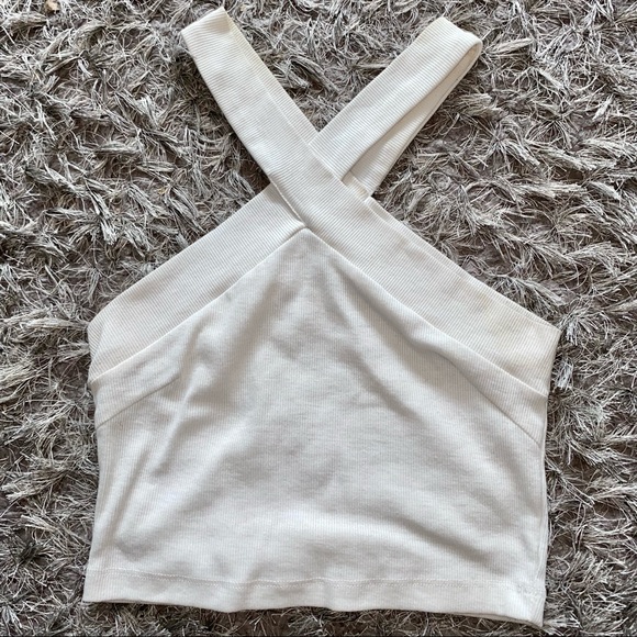 White Ribbed Halter Cropped Tank Top - Picture 2 of 3